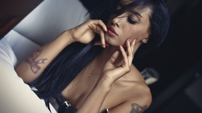 girl, closed eyes, tattoo, black hair