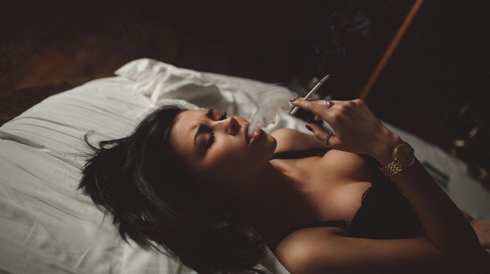 bra, brunette, smoke, in bed, girl, smoking
