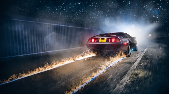 fire, race cars, back to the future, road