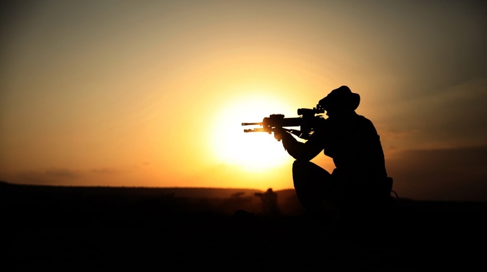 gun, soldier, sunset, men, rifles, silhouette