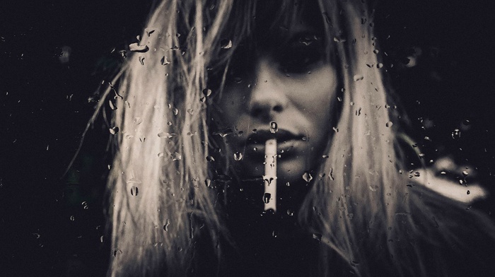 blonde, glass, monochrome, girl, portrait, water drops, face, smoking