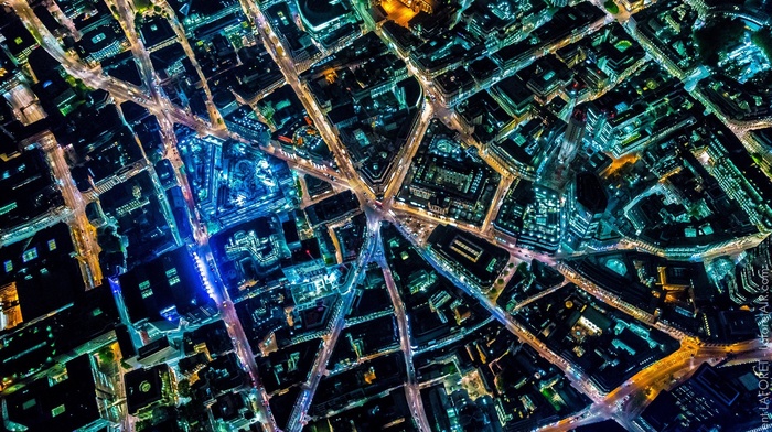 colorful, London, city, building, dark, aerial view, Vincent Laforet, cityscape