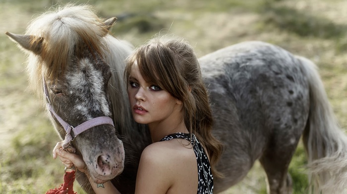 dress, horse, girl outdoors, blue eyes, animals, Anastasia Scheglova, blonde, girl, juicy lips, model, no bra