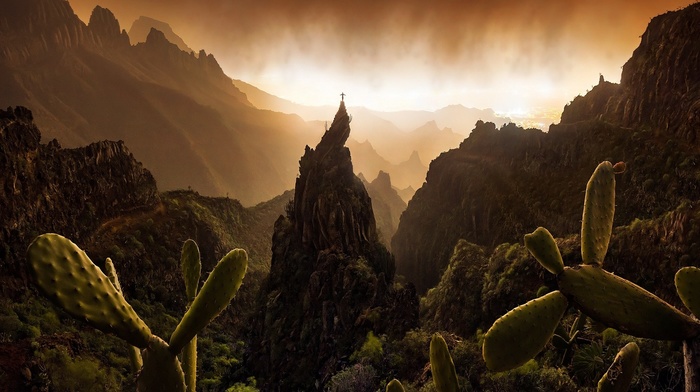 landscape, sunset, mist, Spain, nature, rock climbing, Max Rive, mountain, shrubs