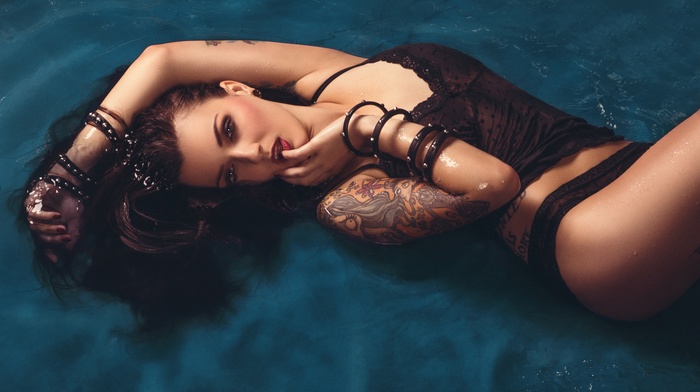tattoo, girl, lingerie, on the floor