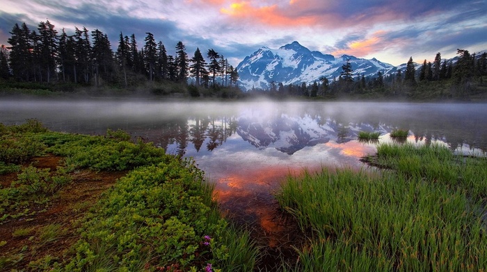 Washington state, lake, reflection, forest, sunrise, snowy peak, clouds, landscape, nature, mist, water, mountain