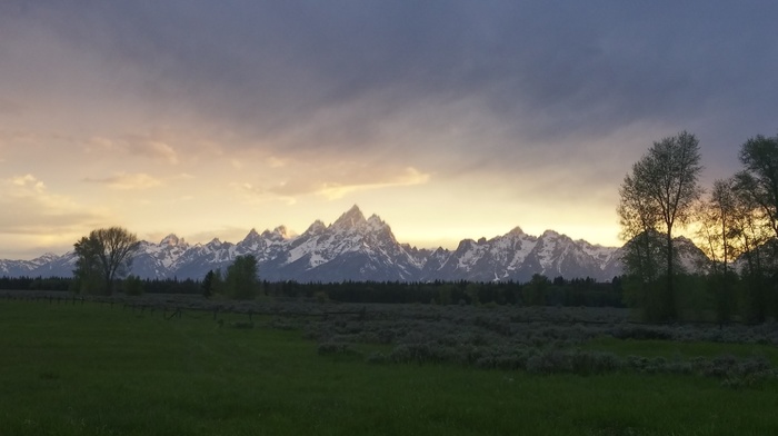 clouds, mountain, grass, forest, sunlight, mist, landscape, Grand Teton National Park, fence, trees, sky