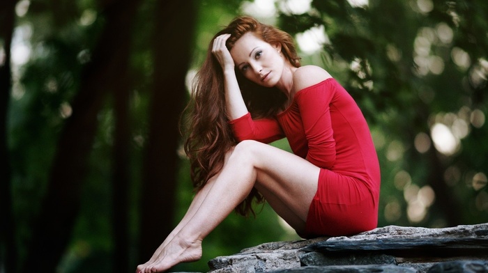 dress, girl, legs, redhead, long hair, red dress, blurred, minidress, girl outdoors