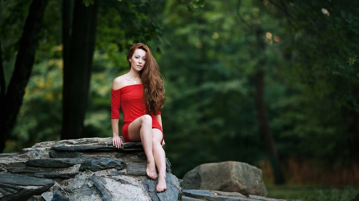 girl, girl outdoors, blurred, redhead, legs, minidress, dress, red dress, long hair
