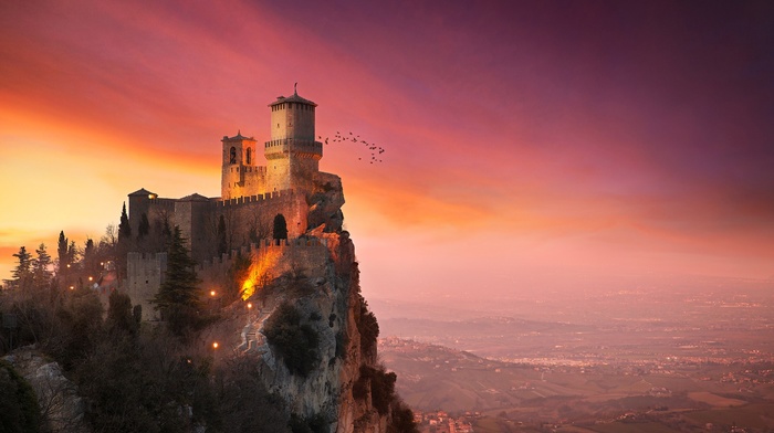 clouds, tower, trees, San Marino, house, sunset, castle, birds, landscape, town, nature, rock, architecture, hill