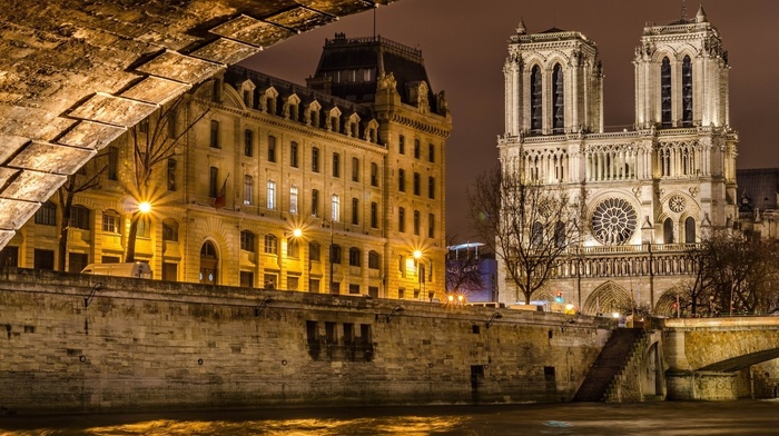 Paris, old building, architecture, city, bridge, trees, cityscape, building, France, cathedral, street, lamps, street light, river, Notre, dame