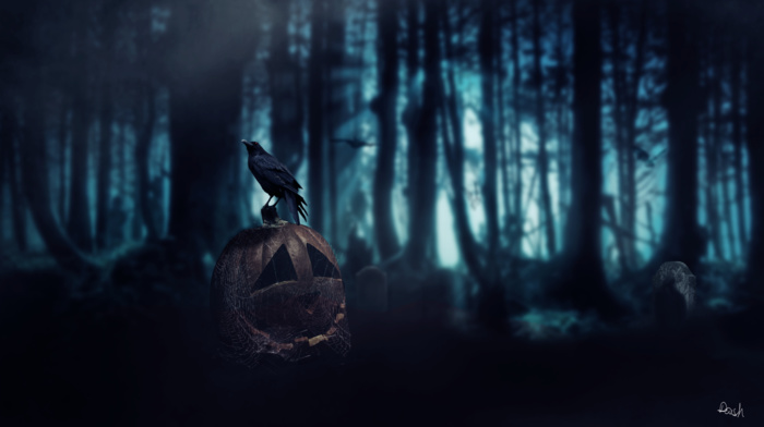 crow, death, Halloween, forest, Dark Age, pumpkin