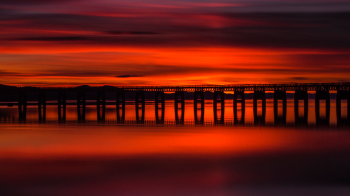 UK, reflection, bridge, Scotland, nature, sunset, water, clouds, river, silhouette, landscape, pier, long exposure