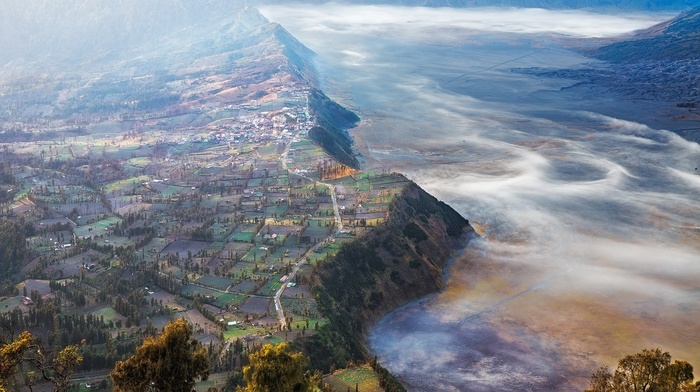 field, landscape, aerial view, hill, villages, nature, mist, trees, Indonesia, mountain