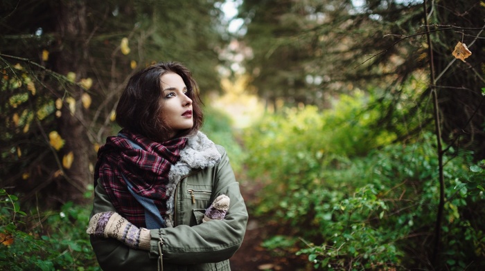 nature, forest, girl outdoors, gloves, girl, brunette