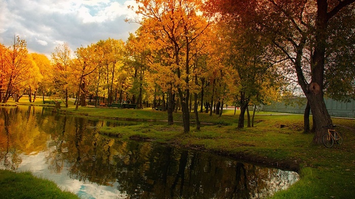 nature, Russia, trees, pond, landscape, fall, bicycle, reflection