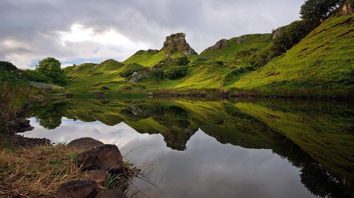 Scotland, UK, nature, reflection, hill, landscape, Skye