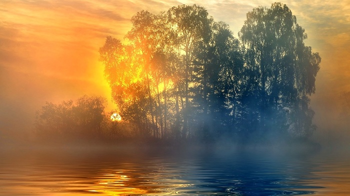 calm, blue, sunset, trees, lake, water, yellow, clouds, mist, nature, landscape