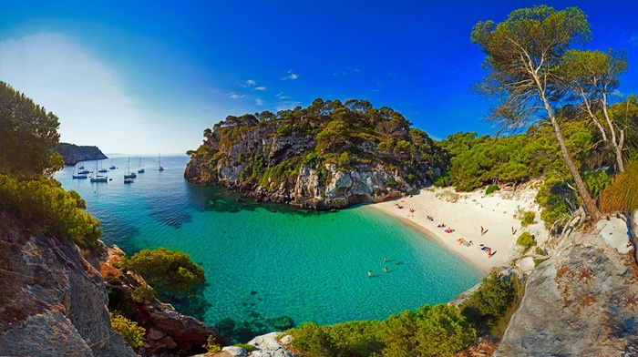 sea, Spain, trees, island, boat, sand, landscape, beach, nature