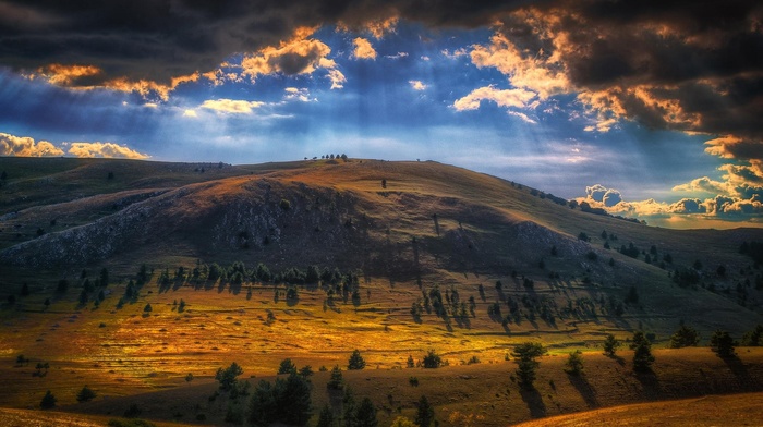 sun rays, trees, mountain, Italy, landscape, nature, clouds