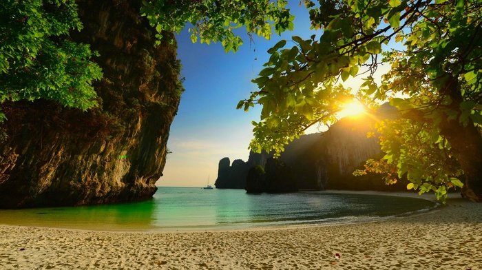 sea, Thailand, rock, sand, landscape, trees, sunset, limestone, nature, beach, island