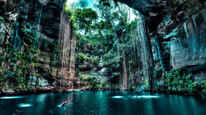 nature, cenotes, rock, landscape, lake, trees, water, cave