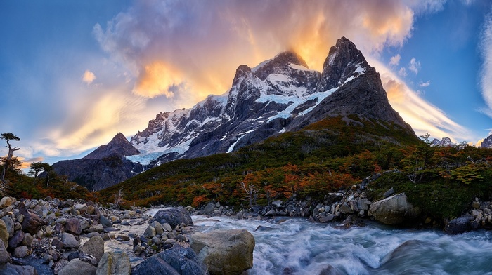 Chile, river, Torres del Paine, mountain, forest, snowy peak, nature, sunrise, landscape