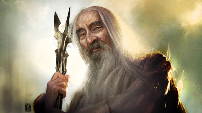 artwork, wizard, portrait, The Lord of the Rings, old people, Saruman, Christopher Lee, fantasy art, staff, beards
