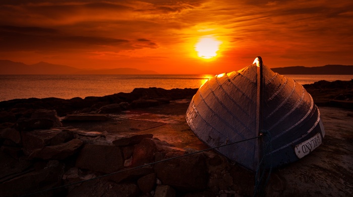 sunset, rock, boat