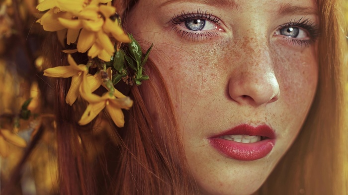 open mouth, portrait, long hair, freckles, looking at viewer, flower in hair, yellow flowers, girl, face, model, blue eyes, redhead, red lipstick, depth of field, Maja Topcagic