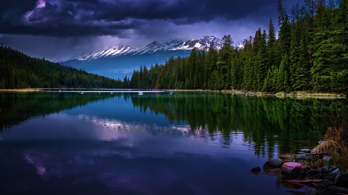 nature, lake, forest, landscape, snowy peak, evening, reflection, clouds, mountain