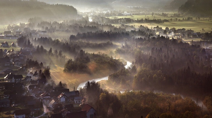 aerial view, morning, hill, mist, river, landscape, sunrise, nature, town, forest, sun rays, field
