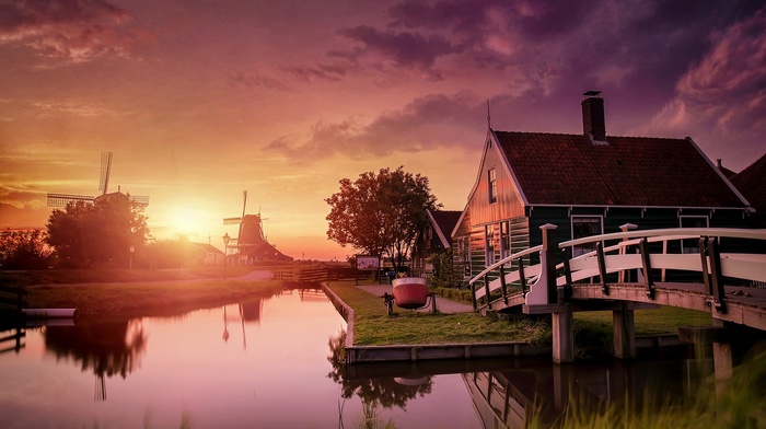 Zaanse Schans, house, landscape, clouds, nature, bridge, water, windmills, sunset, Netherlands, canal