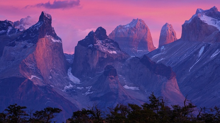 sunrise, Torres del Paine, nature, Chile, landscape, Patagonia, mountain, forest