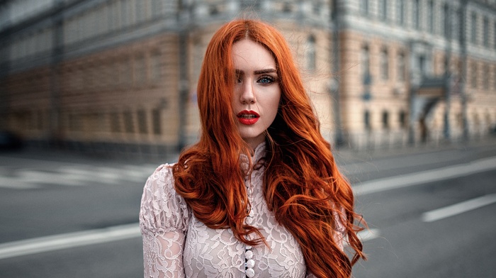 redhead, face, blue eyes, model, girl, wavy hair, Georgiy Chernyadyev, portrait, city, long hair