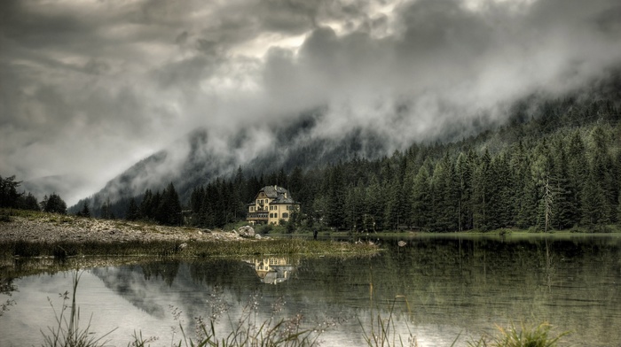 house, lake, forest, landscape, trees, mist, nature, mountain