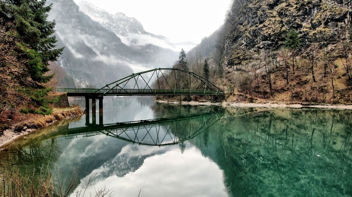 nature, mountain, landscape, river, bridge