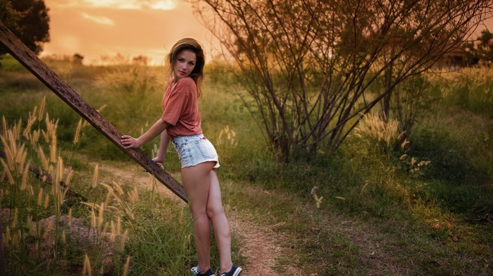 blonde, jean shorts, nature, girl