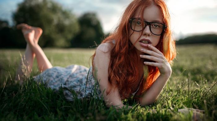 redhead, glasses, grass, girl, girl outdoors, model, girl with glasses