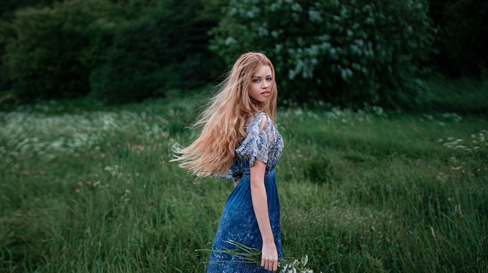 grass, blonde, model, girl