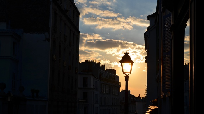 Sun, building, Paris, lantern, sky, street light, clouds, nature, night, sunset, France