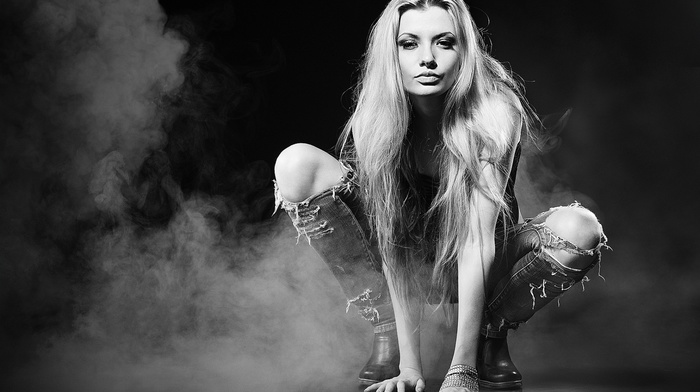 smoke, girl, torn jeans