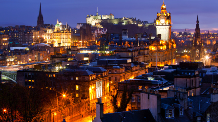 cityscape, tower, UK, Edinburgh, old building, castle, lights, night, Scotland, city, clocktowers, rooftops