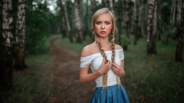 nipples through clothing, Georgiy Chernyadyev, girl, blonde, model, nipples, trees, braids, girl outdoors