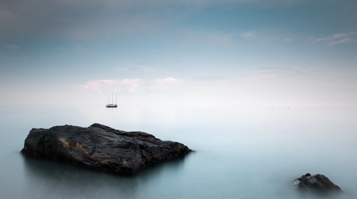 sea, landscape, sailing ship, rock, stones, horizon, long exposure, water, nature, clouds
