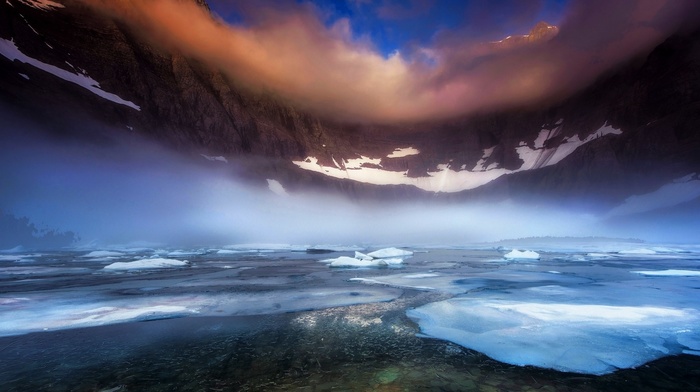 morning, clouds, ice, mountain, frost, mist, nature, snow, landscape, Glacier National Park, lake