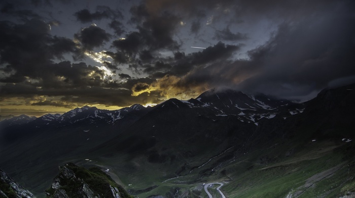 mountain, nature, sunset, France, valley, clouds, snowy peak, landscape, dark, road