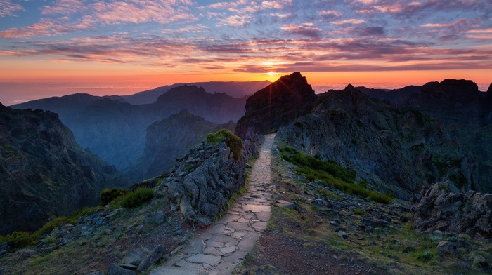 nature, sunset, landscape, clouds, mountain, hiking, mist, Portugal, path