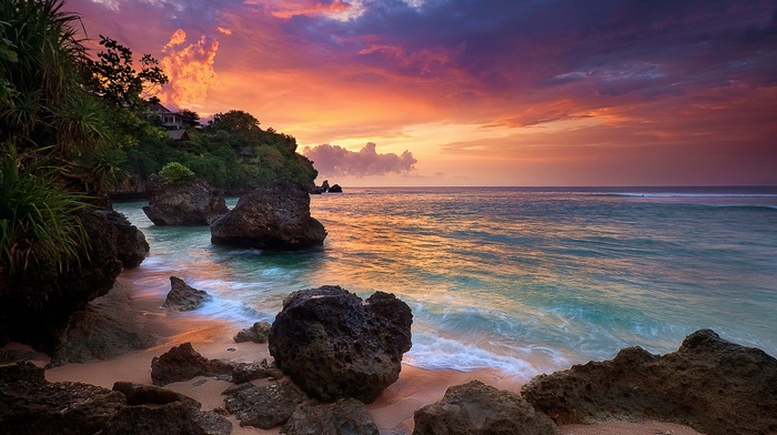 landscape, shrubs, Bali, nature, clouds, sea, sand, rock, sunrise, Indonesia