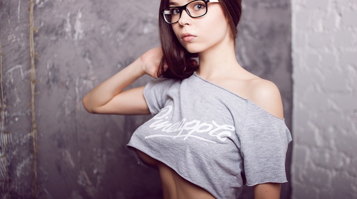 looking at viewer, long hair, boobs, brunette, girl, hands in hair, girl with glasses, face, walls, nerds, flat belly, underboob